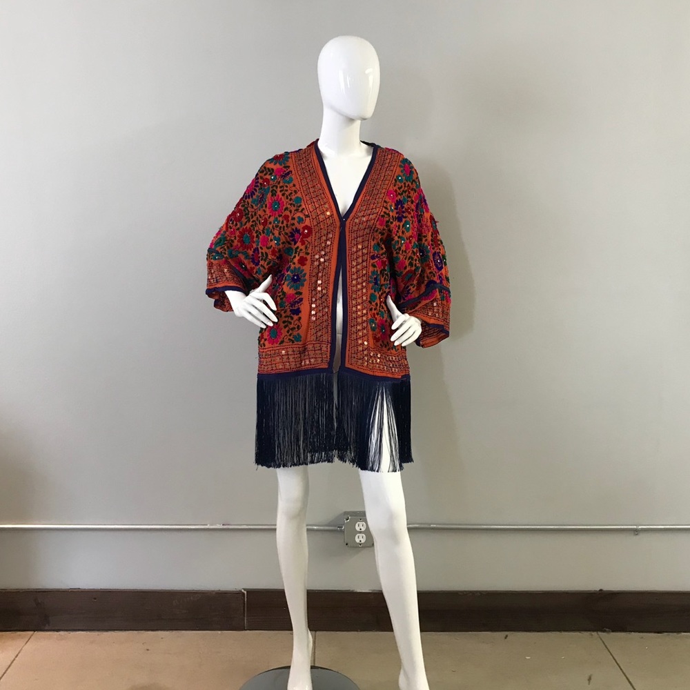 Beautiful Embroidered Fringe Orange Robe/Jacket - Picture 6 of 8